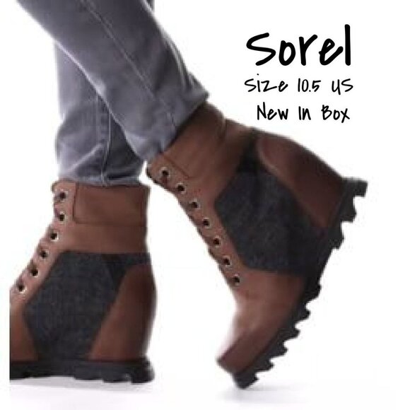 Sorel Joan of Arctic Brown Leather Wedge Chelsea Bootie 10.5 US - New with Tag - Picture 1 of 2